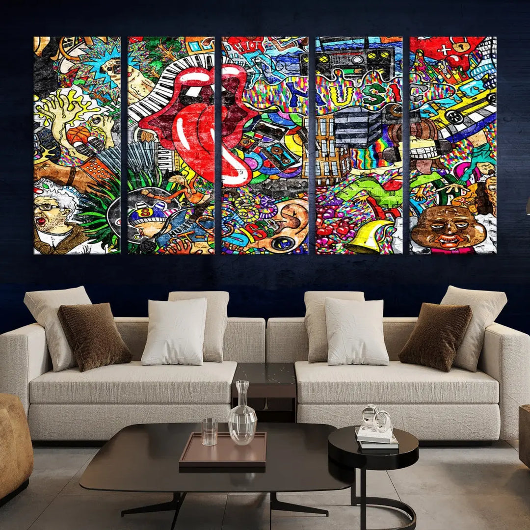 Music Collage on Brick Wall Street Graffiti Wall Art Canvas Print Modern Art