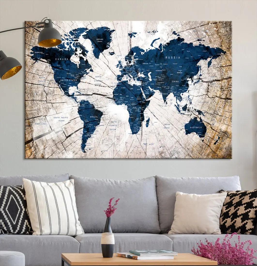 Navy Blue World Map Wall Art Canvas Print on Wood Texture Background