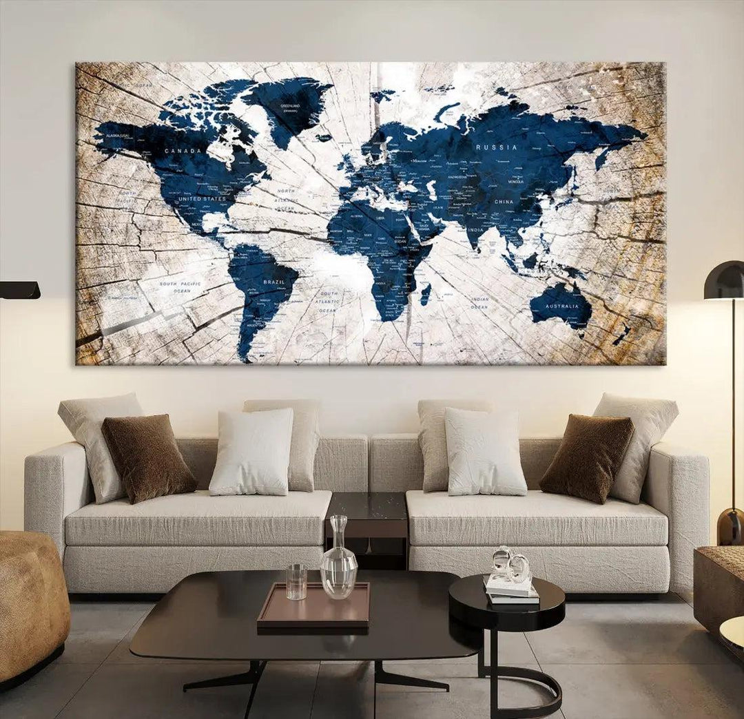 Navy Blue World Map Wall Art Canvas Print on Wood Texture Background