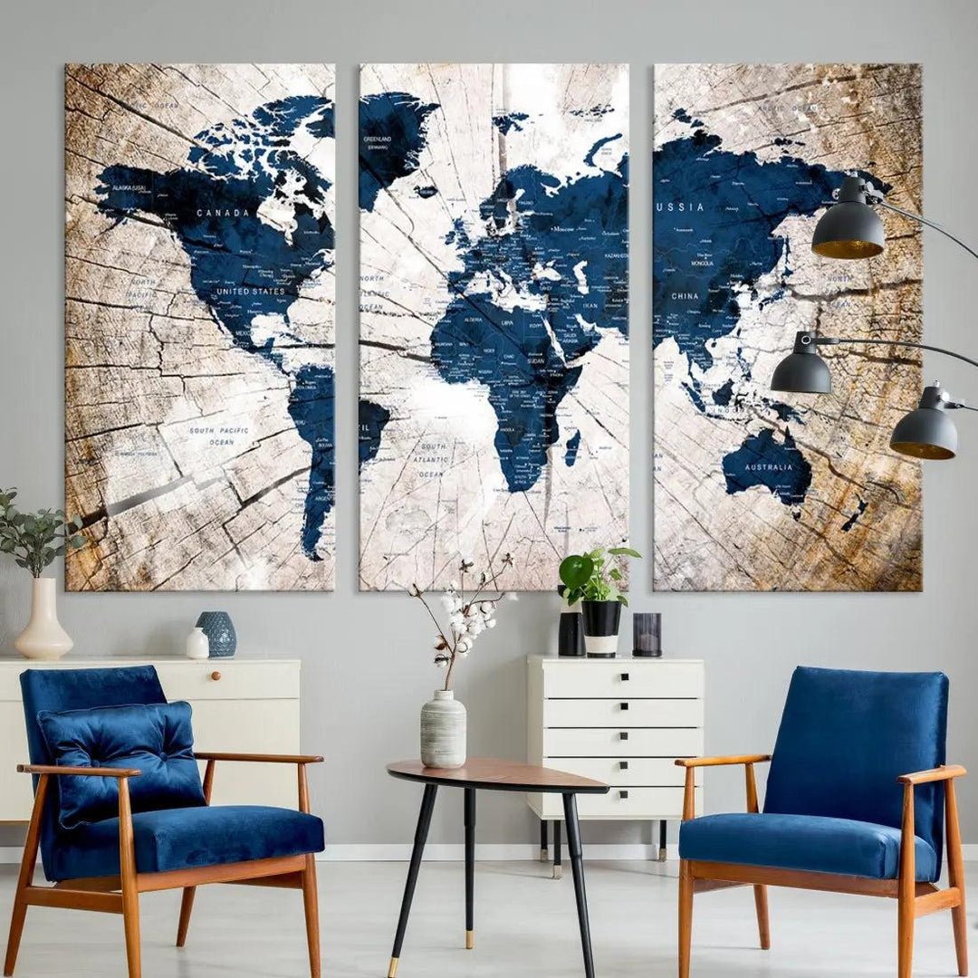 Navy Blue World Map Wall Art Canvas Print on Wood Texture Background