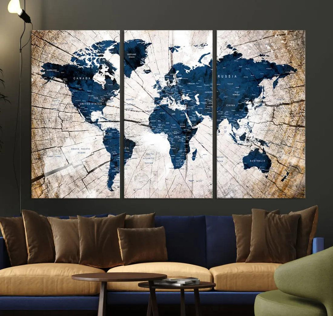 Navy Blue World Map Wall Art Canvas Print on Wood Texture Background