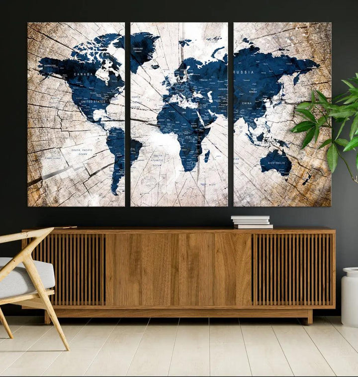 Navy Blue World Map Wall Art Canvas Print on Wood Texture Background