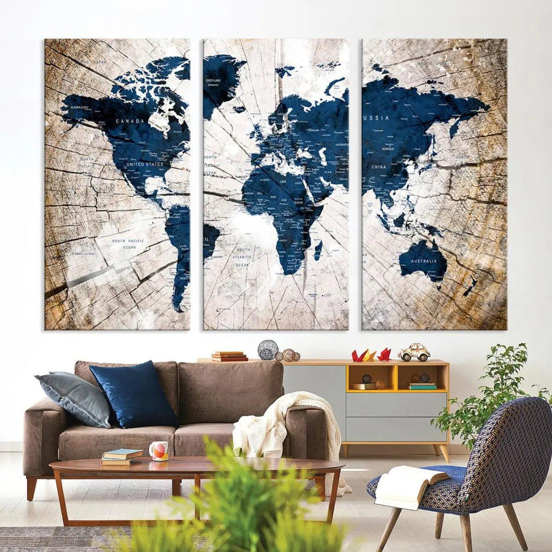 Navy Blue World Map Wall Art Canvas Print on Wood Texture Background