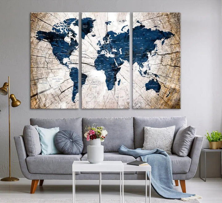 Navy Blue World Map Wall Art Canvas Print on Wood Texture Background