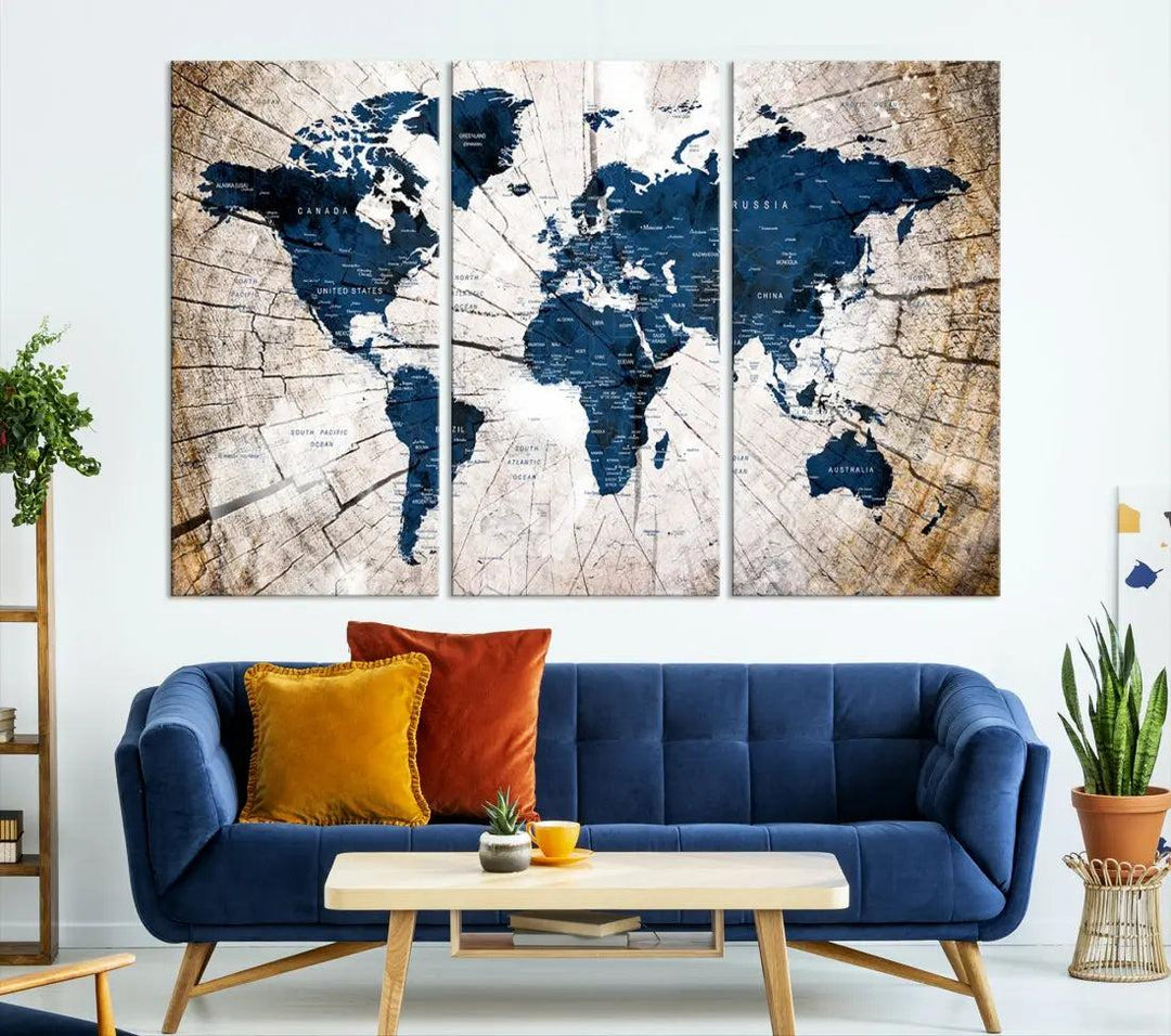 Navy Blue World Map Wall Art Canvas Print on Wood Texture Background