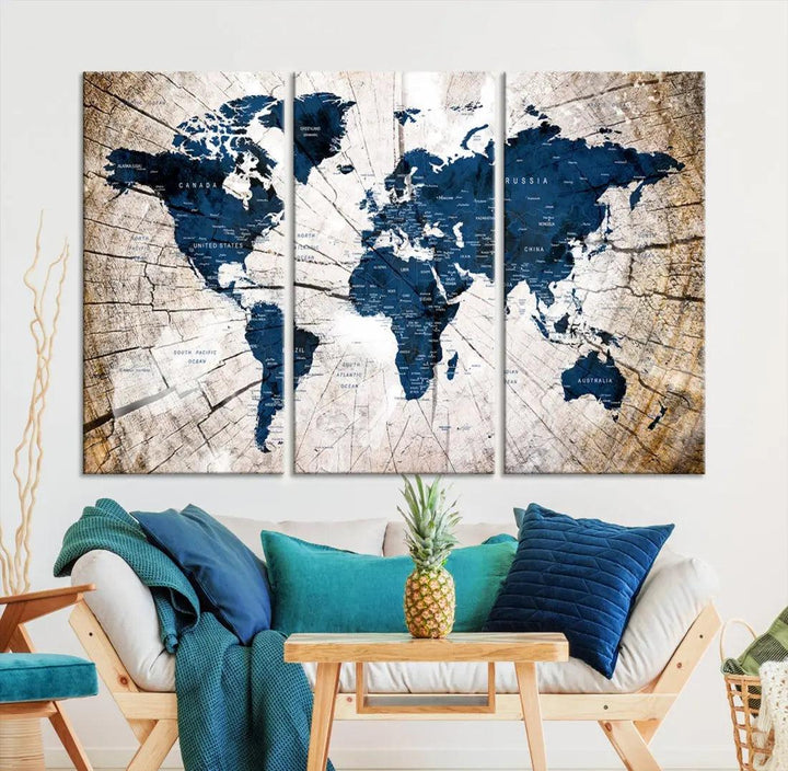 Navy Blue World Map Wall Art Canvas Print on Wood Texture Background