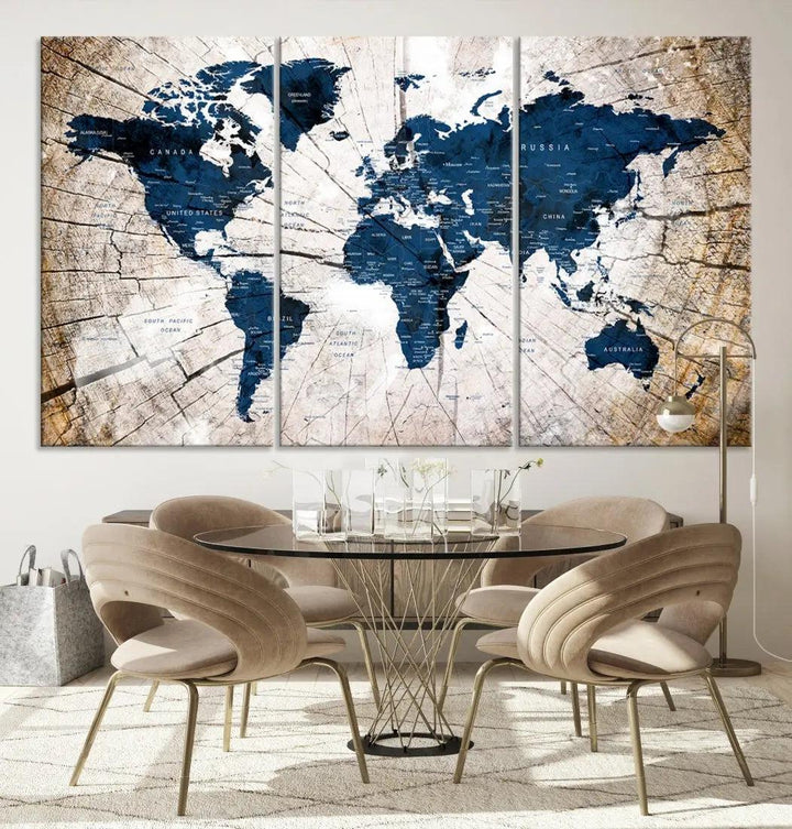 Navy Blue World Map Wall Art Canvas Print on Wood Texture Background