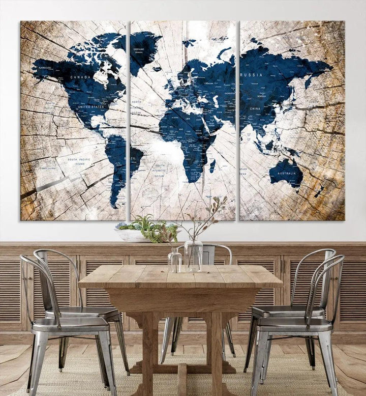 Navy Blue World Map Wall Art Canvas Print on Wood Texture Background