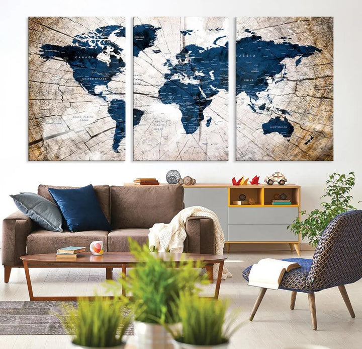 Navy Blue World Map Wall Art Canvas Print on Wood Texture Background