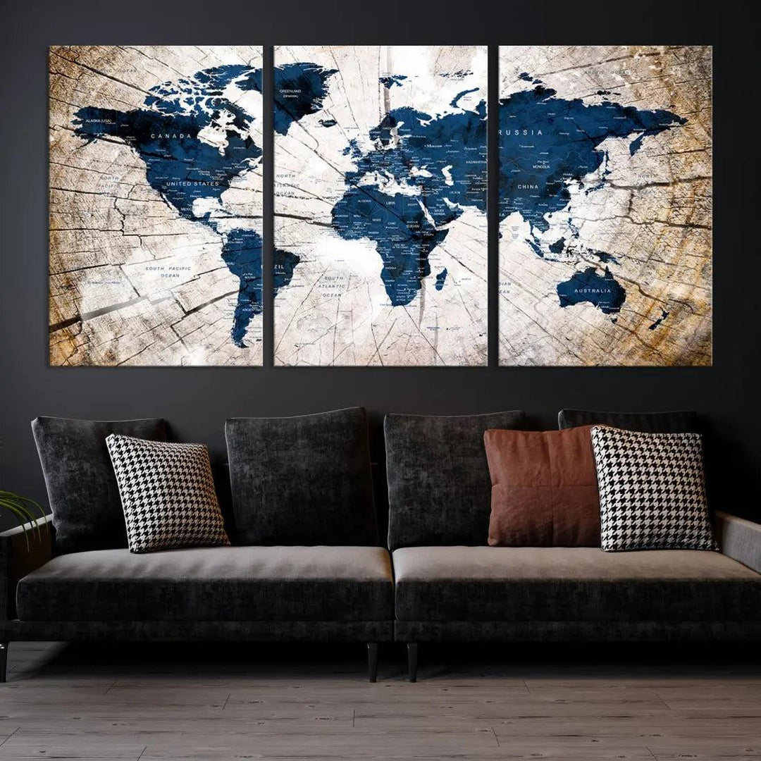 Navy Blue World Map Wall Art Canvas Print on Wood Texture Background