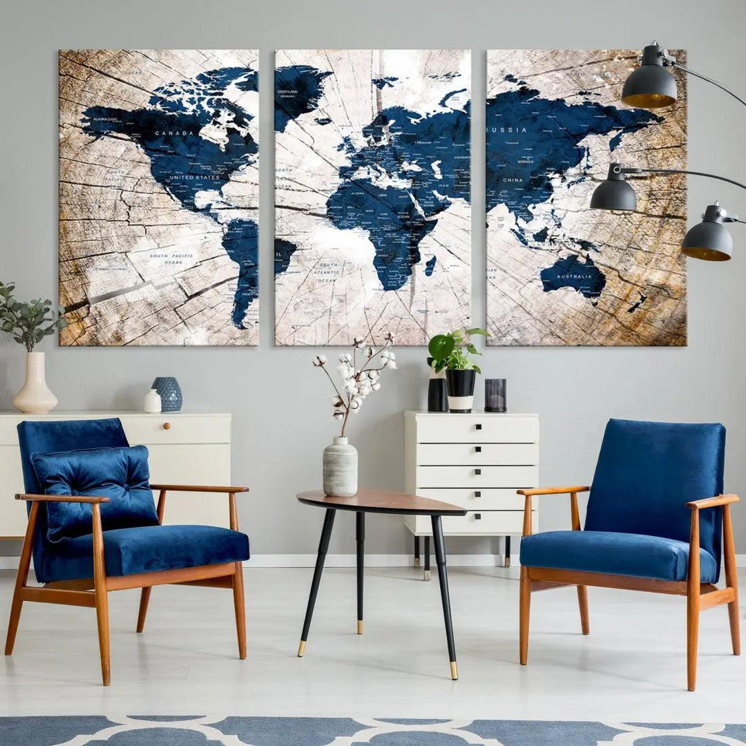 Navy Blue World Map Wall Art Canvas Print on Wood Texture Background