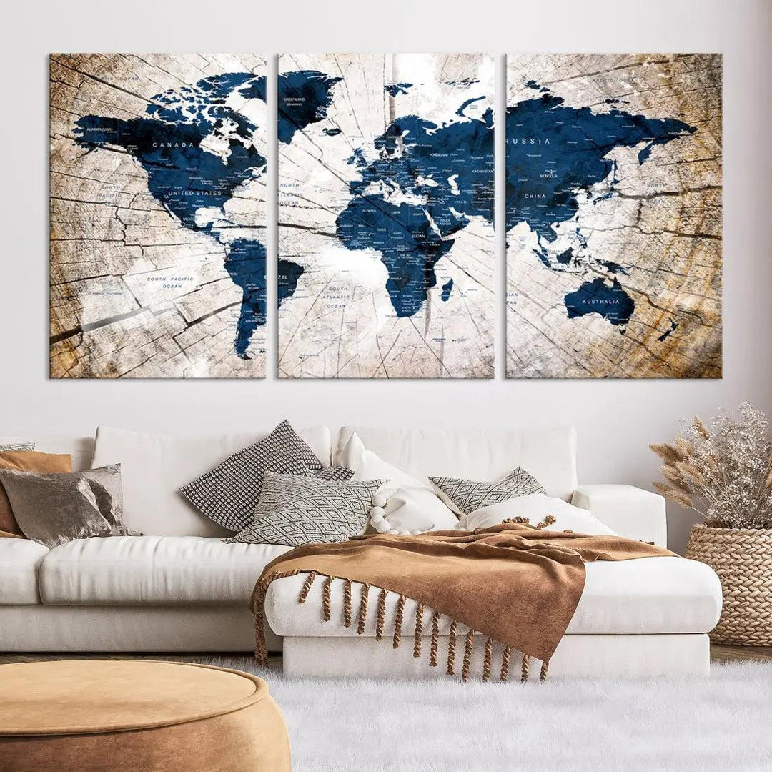 Navy Blue World Map Wall Art Canvas Print on Wood Texture Background