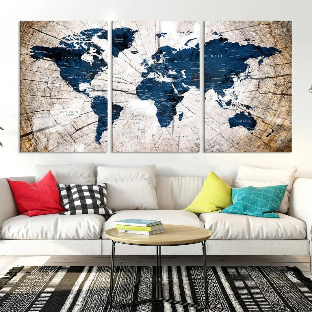 Navy Blue World Map Wall Art Canvas Print on Wood Texture Background