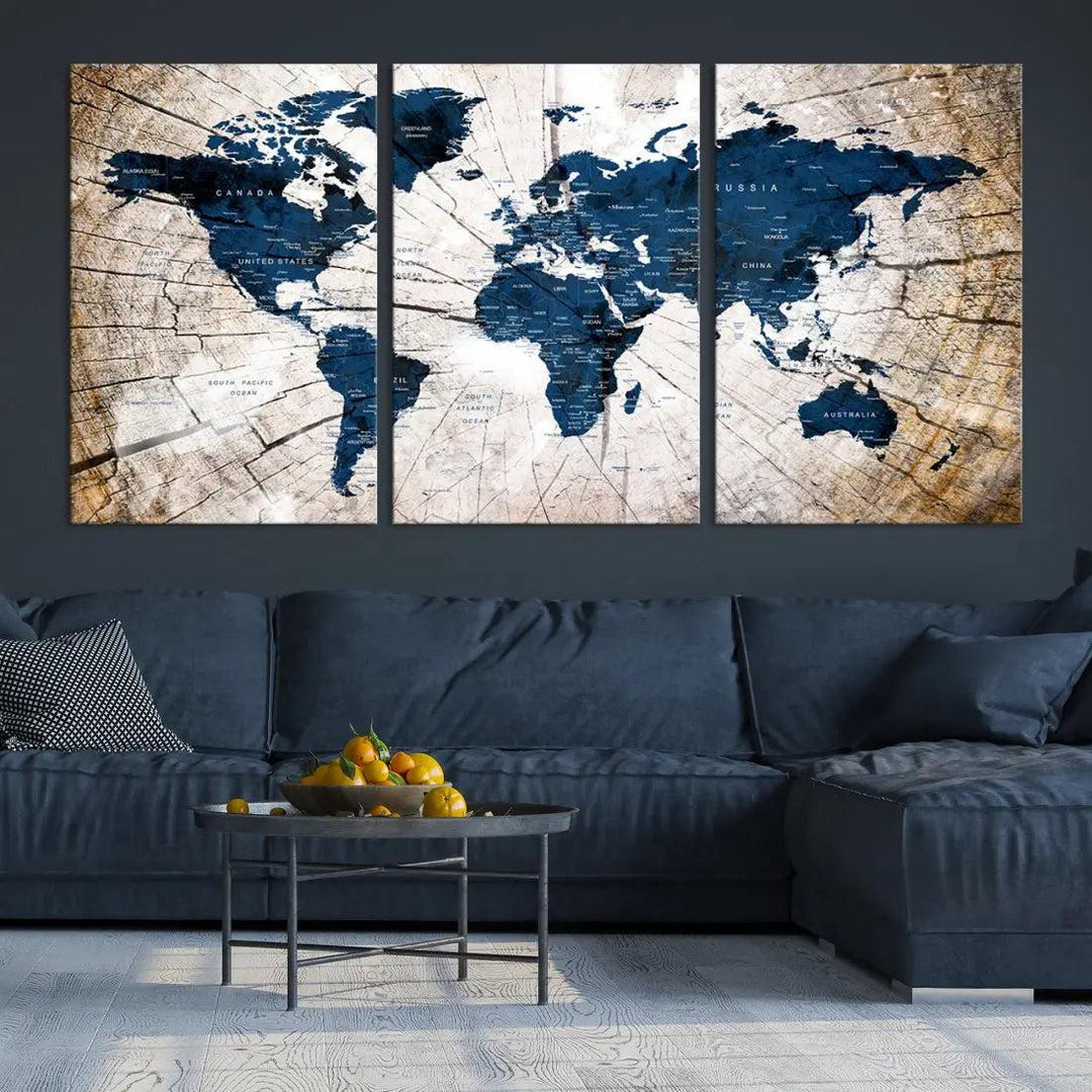 Navy Blue World Map Wall Art Canvas Print on Wood Texture Background