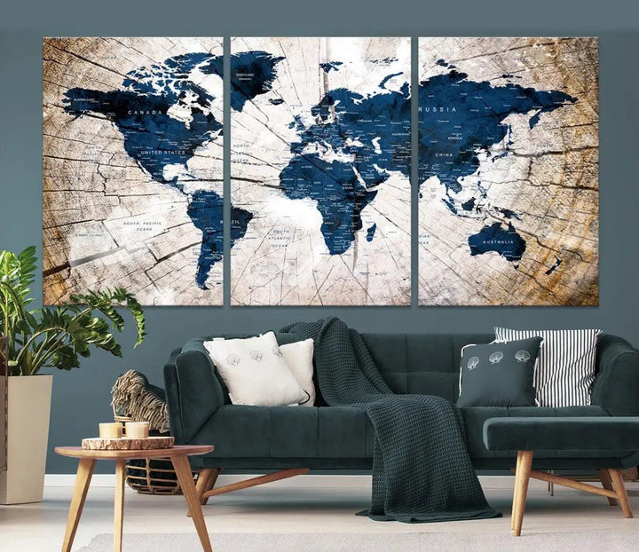 Navy Blue World Map Wall Art Canvas Print on Wood Texture Background