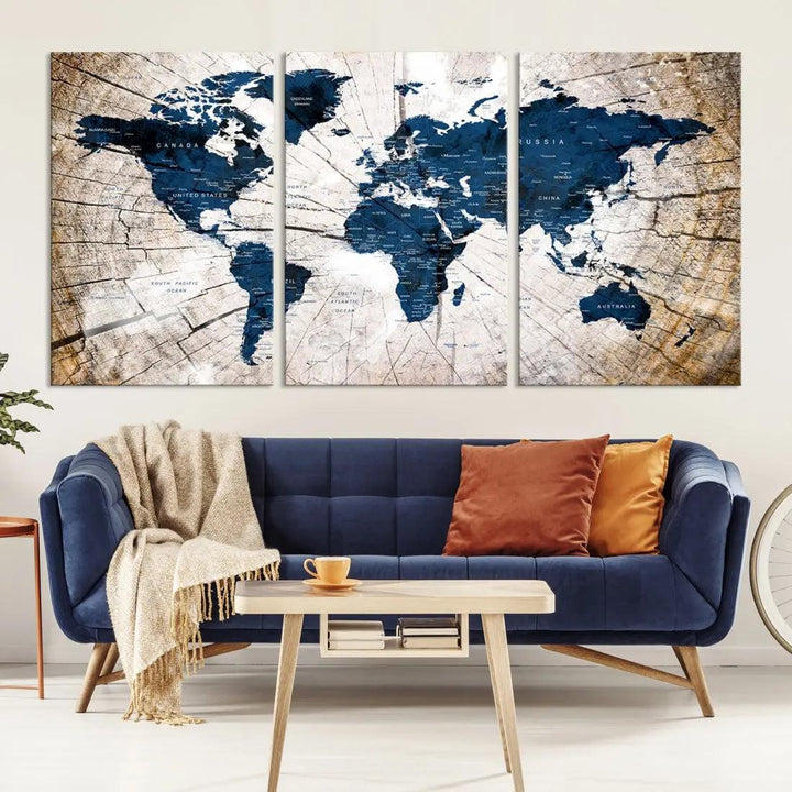 Navy Blue World Map Wall Art Canvas Print on Wood Texture Background