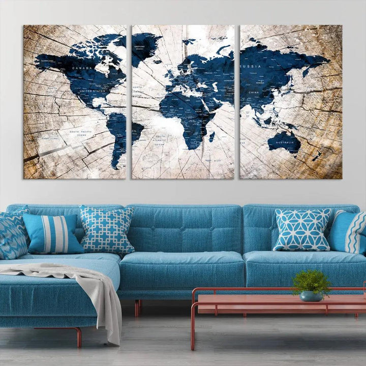 Navy Blue World Map Wall Art Canvas Print on Wood Texture Background