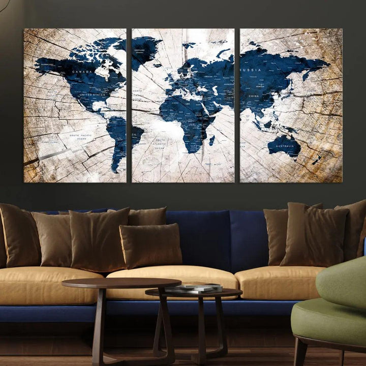 Navy Blue World Map Wall Art Canvas Print on Wood Texture Background