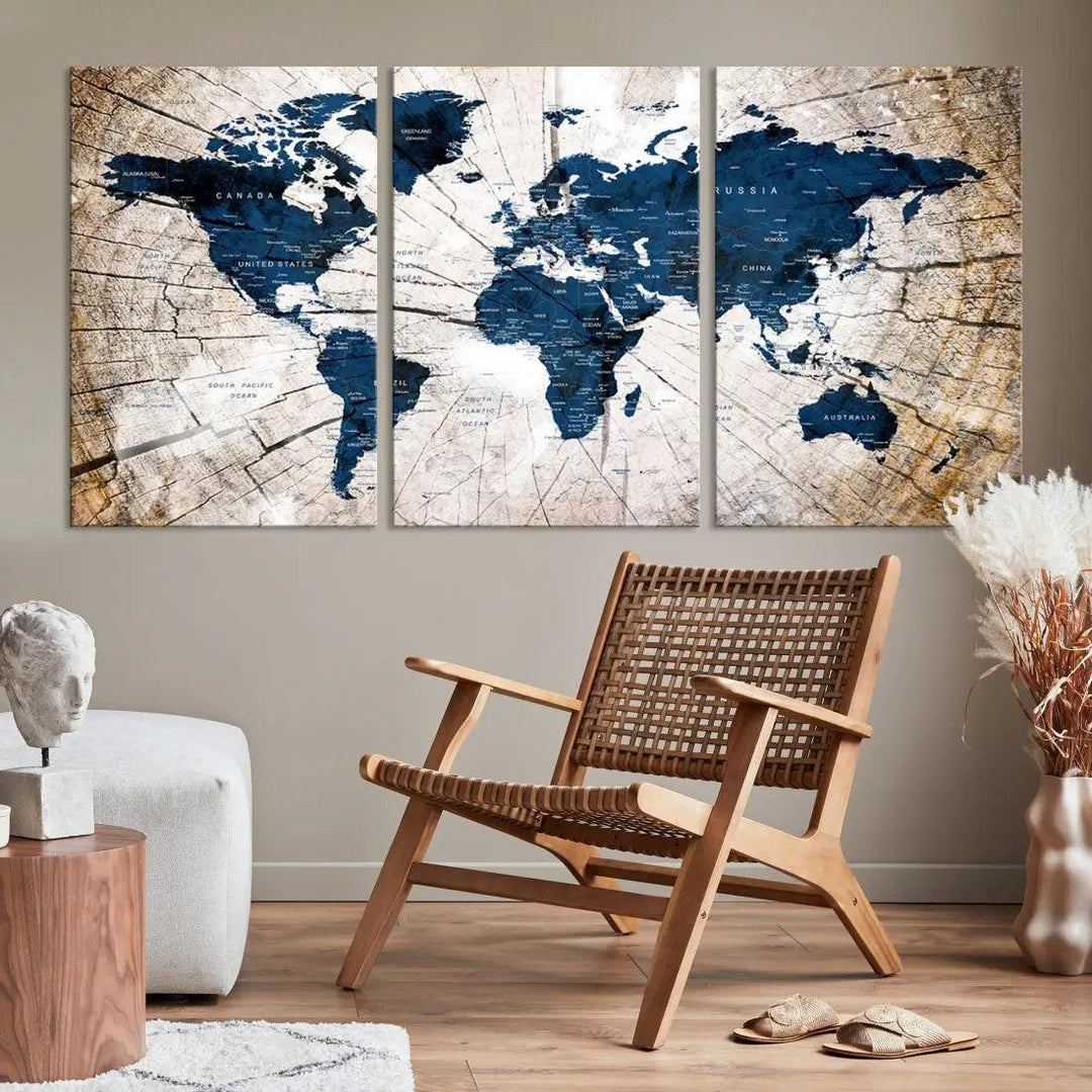 Navy Blue World Map Wall Art Canvas Print on Wood Texture Background