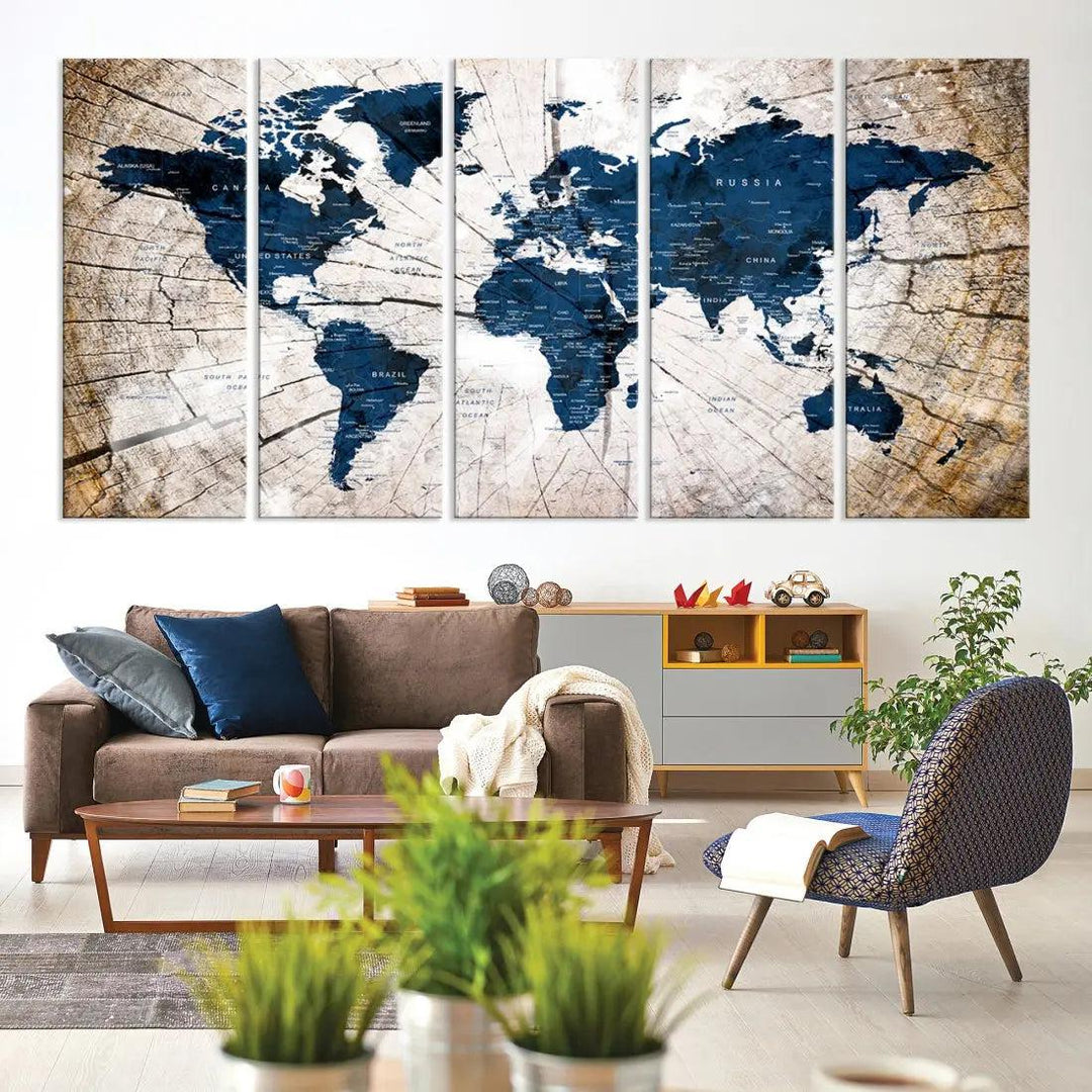 Navy Blue World Map Wall Art Canvas Print on Wood Texture Background