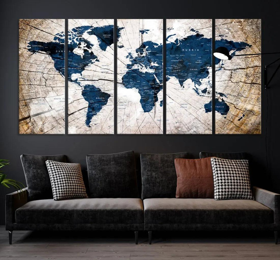 Navy Blue World Map Wall Art Canvas Print on Wood Texture Background