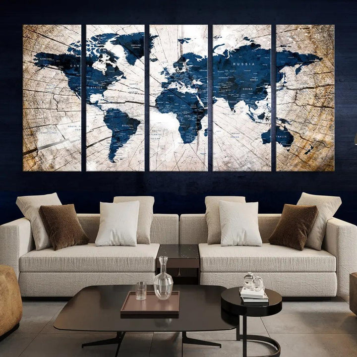 Navy Blue World Map Wall Art Canvas Print on Wood Texture Background