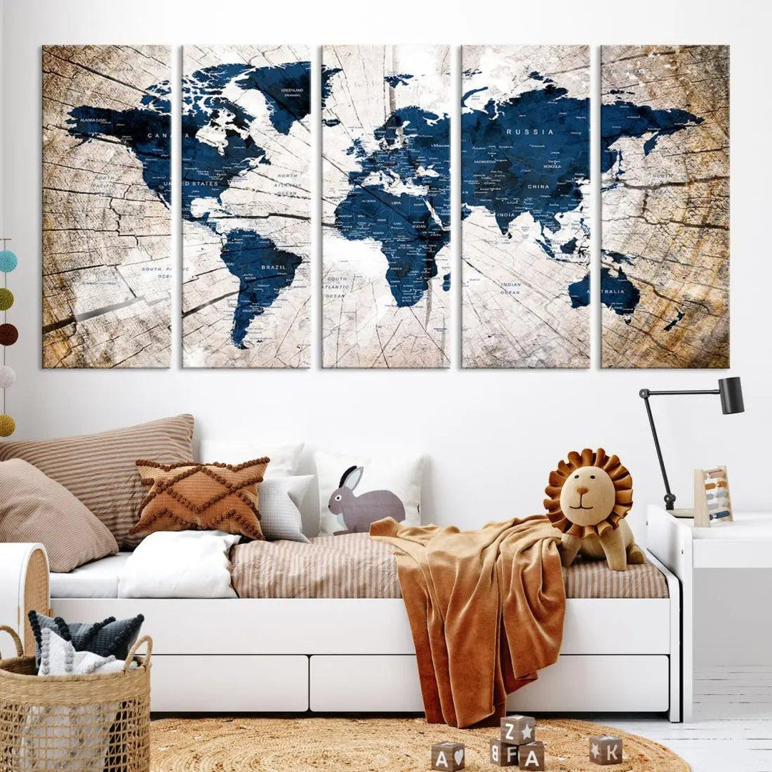 Navy Blue World Map Wall Art Canvas Print on Wood Texture Background