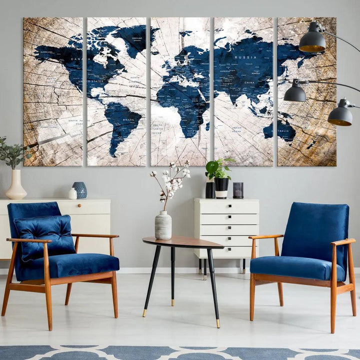 Navy Blue World Map Wall Art Canvas Print on Wood Texture Background