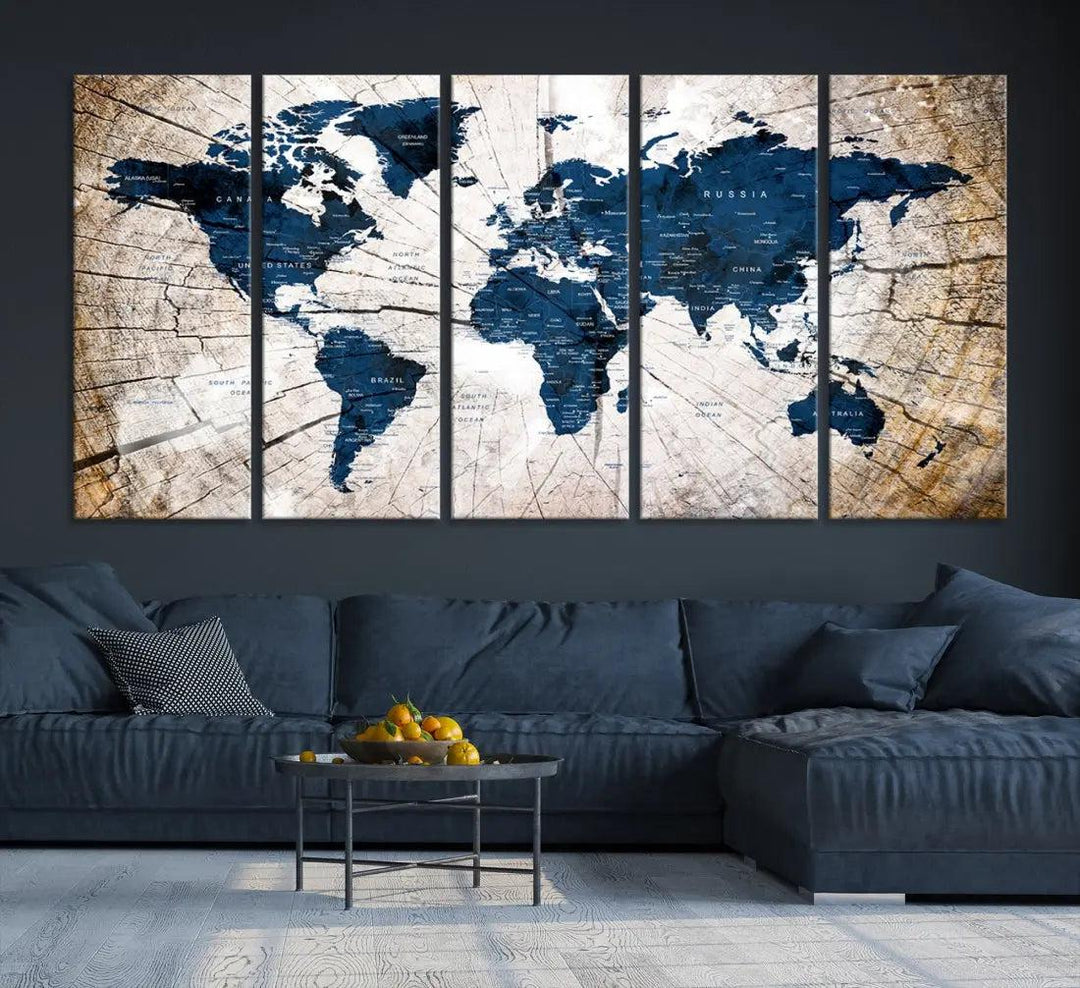 Navy Blue World Map Wall Art Canvas Print on Wood Texture Background