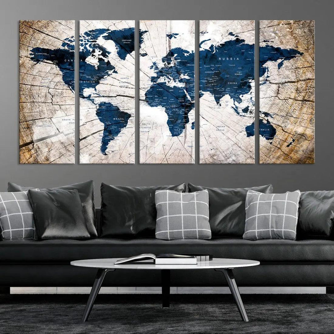 Navy Blue World Map Wall Art Canvas Print on Wood Texture Background