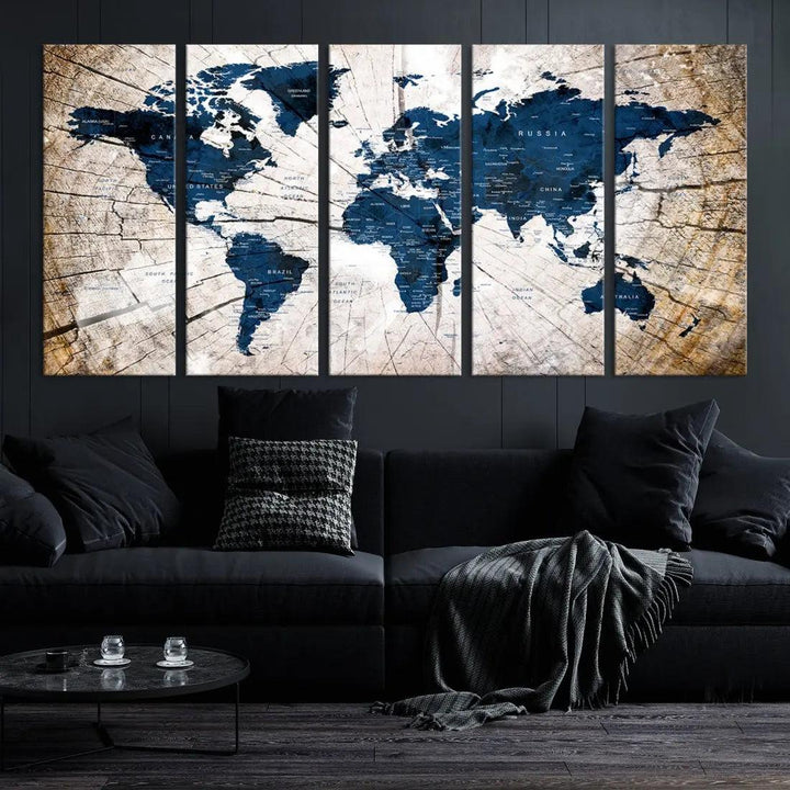 Navy Blue World Map Wall Art Canvas Print on Wood Texture Background