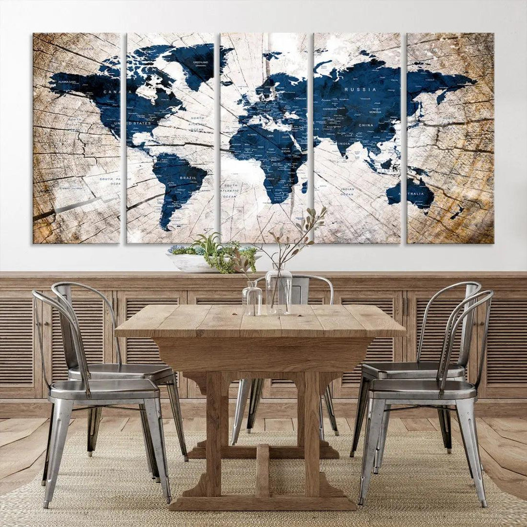 Navy Blue World Map Wall Art Canvas Print on Wood Texture Background