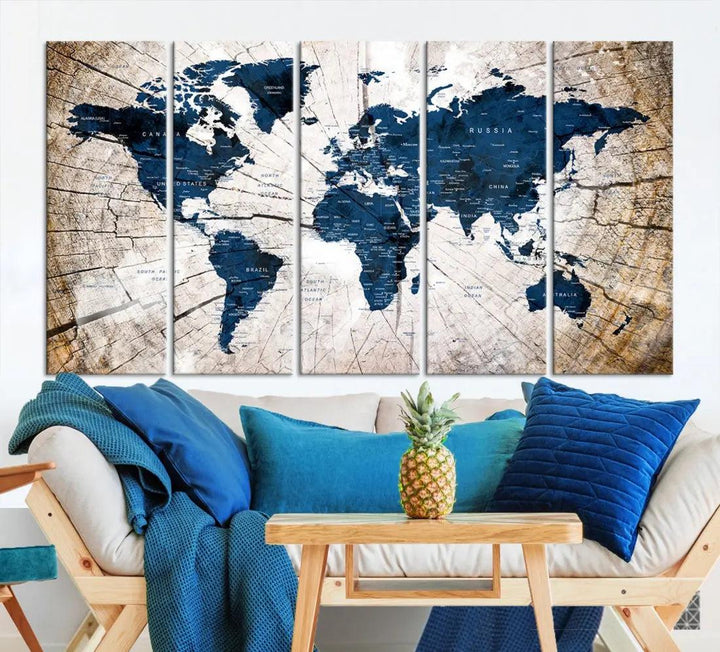 Navy Blue World Map Wall Art Canvas Print on Wood Texture Background