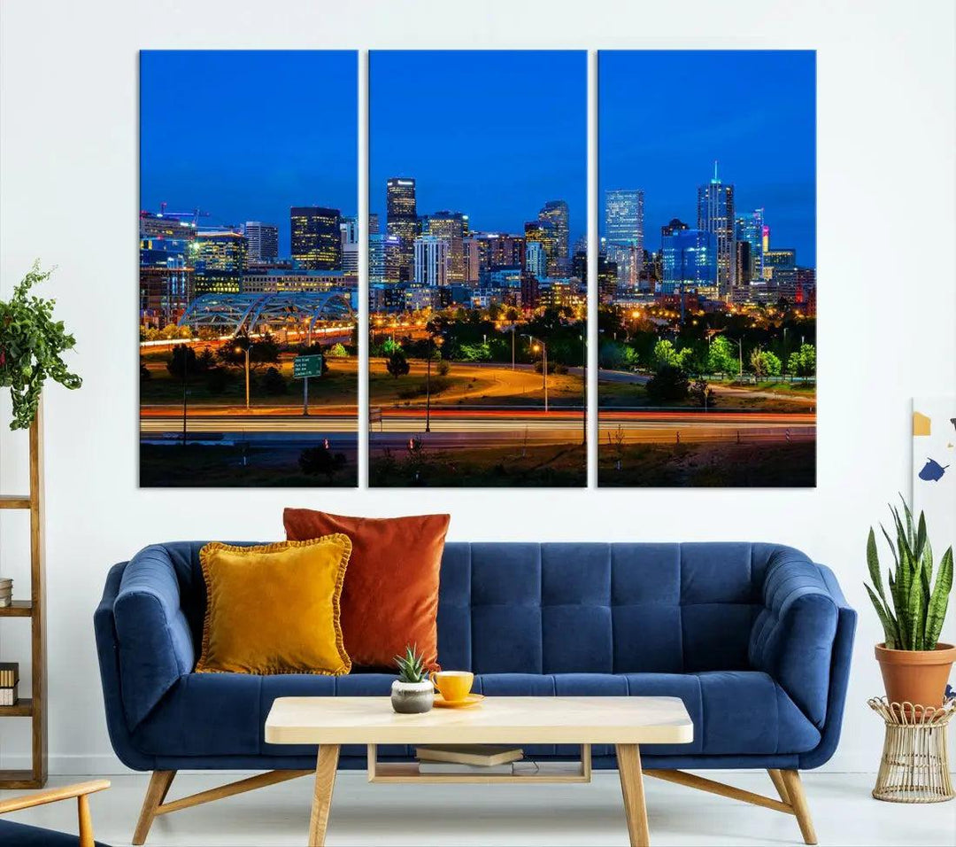 Night Blue Denver Skyline Cityscape View Large Wall Art Canvas Print