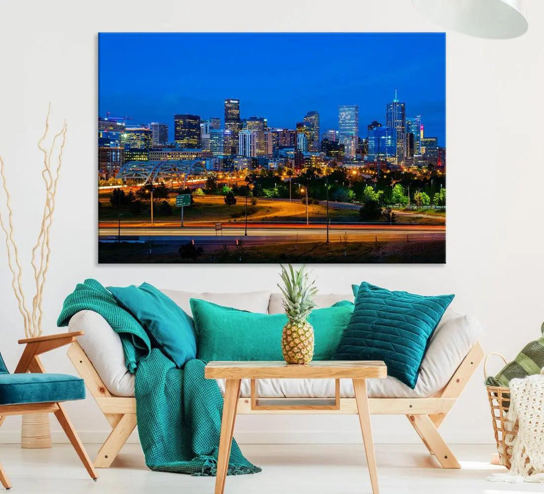 Night Blue Denver Skyline Cityscape View Large Wall Art Canvas Print