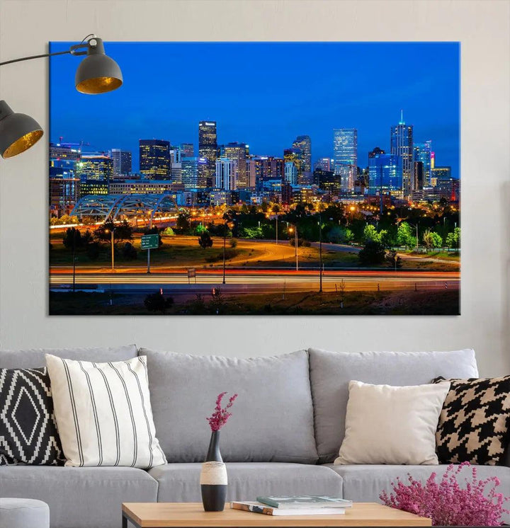 Night Blue Denver Skyline Cityscape View Large Wall Art Canvas Print