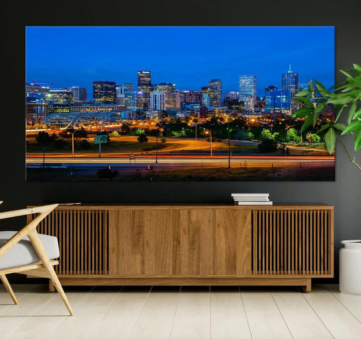 Night Blue Denver Skyline Cityscape View Large Wall Art Canvas Print