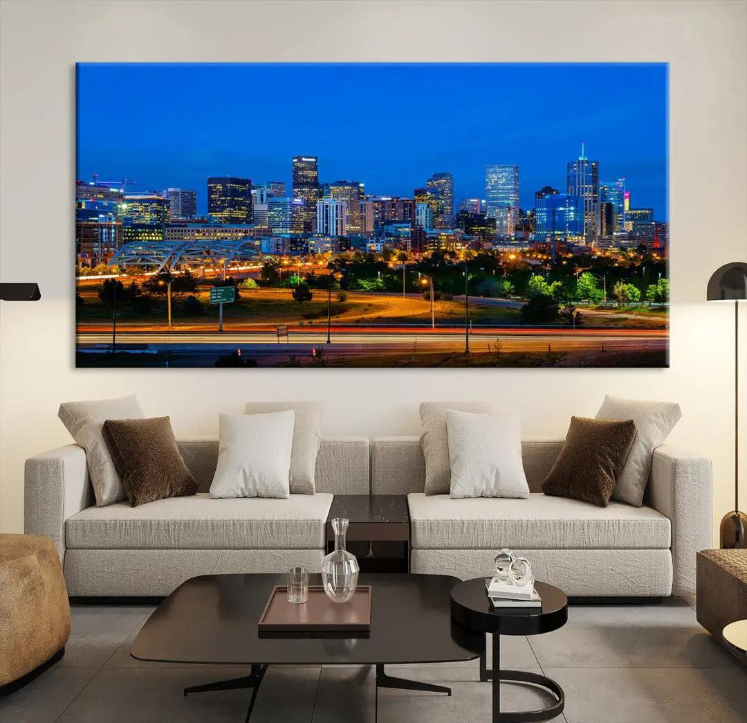 Night Blue Denver Skyline Cityscape View Large Wall Art Canvas Print