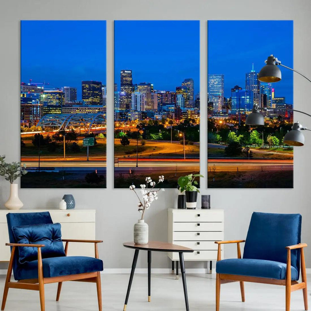 Night Blue Denver Skyline Cityscape View Large Wall Art Canvas Print