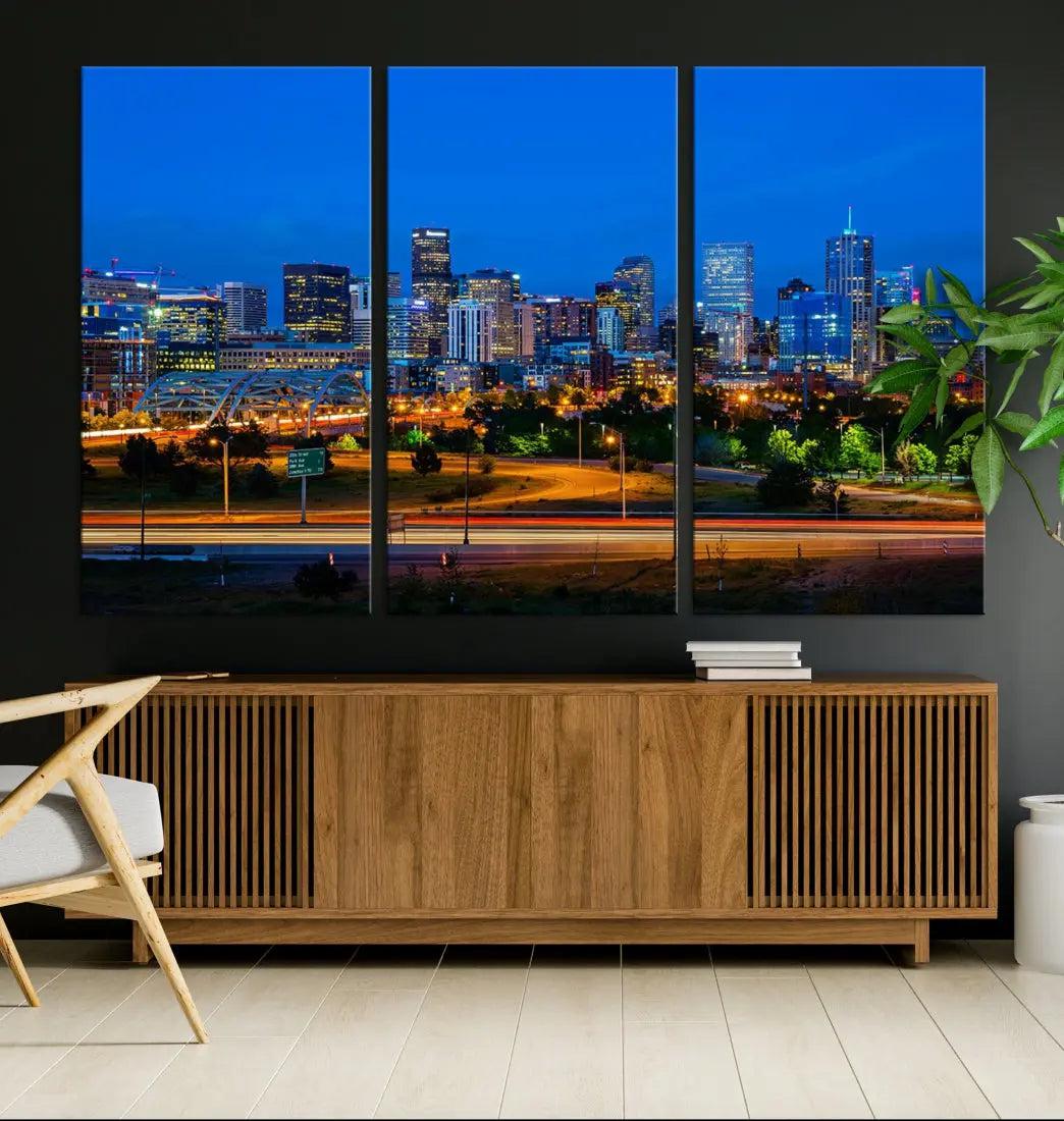 Night Blue Denver Skyline Cityscape View Large Wall Art Canvas Print