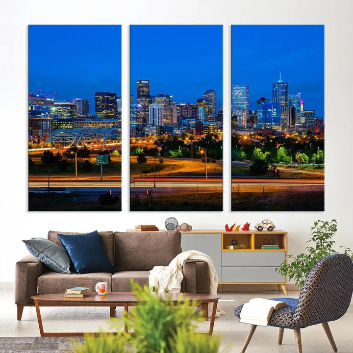 Night Blue Denver Skyline Cityscape View Large Wall Art Canvas Print