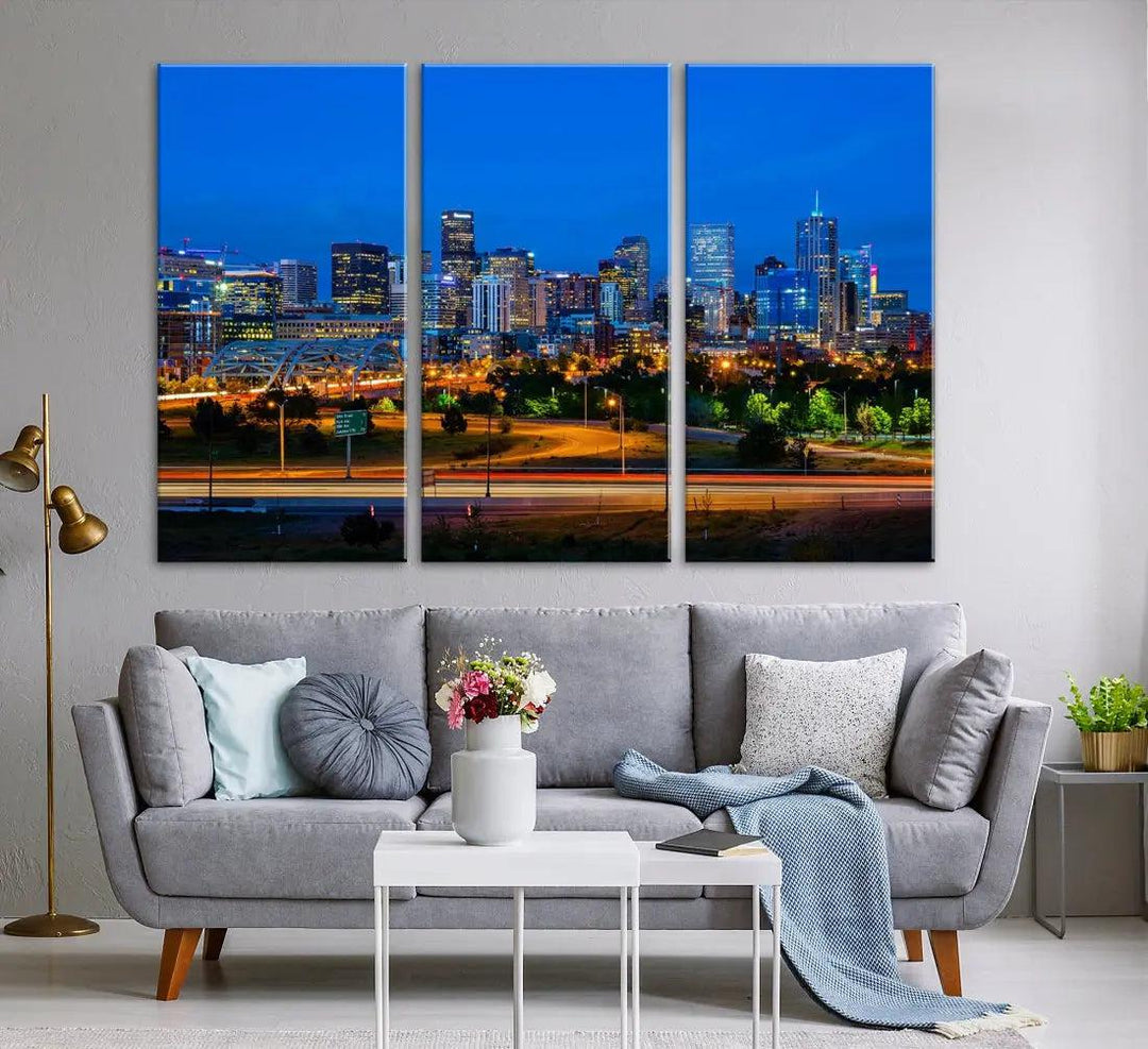 Night Blue Denver Skyline Cityscape View Large Wall Art Canvas Print