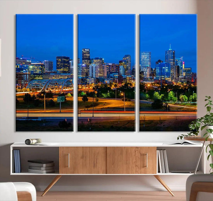 Night Blue Denver Skyline Cityscape View Large Wall Art Canvas Print