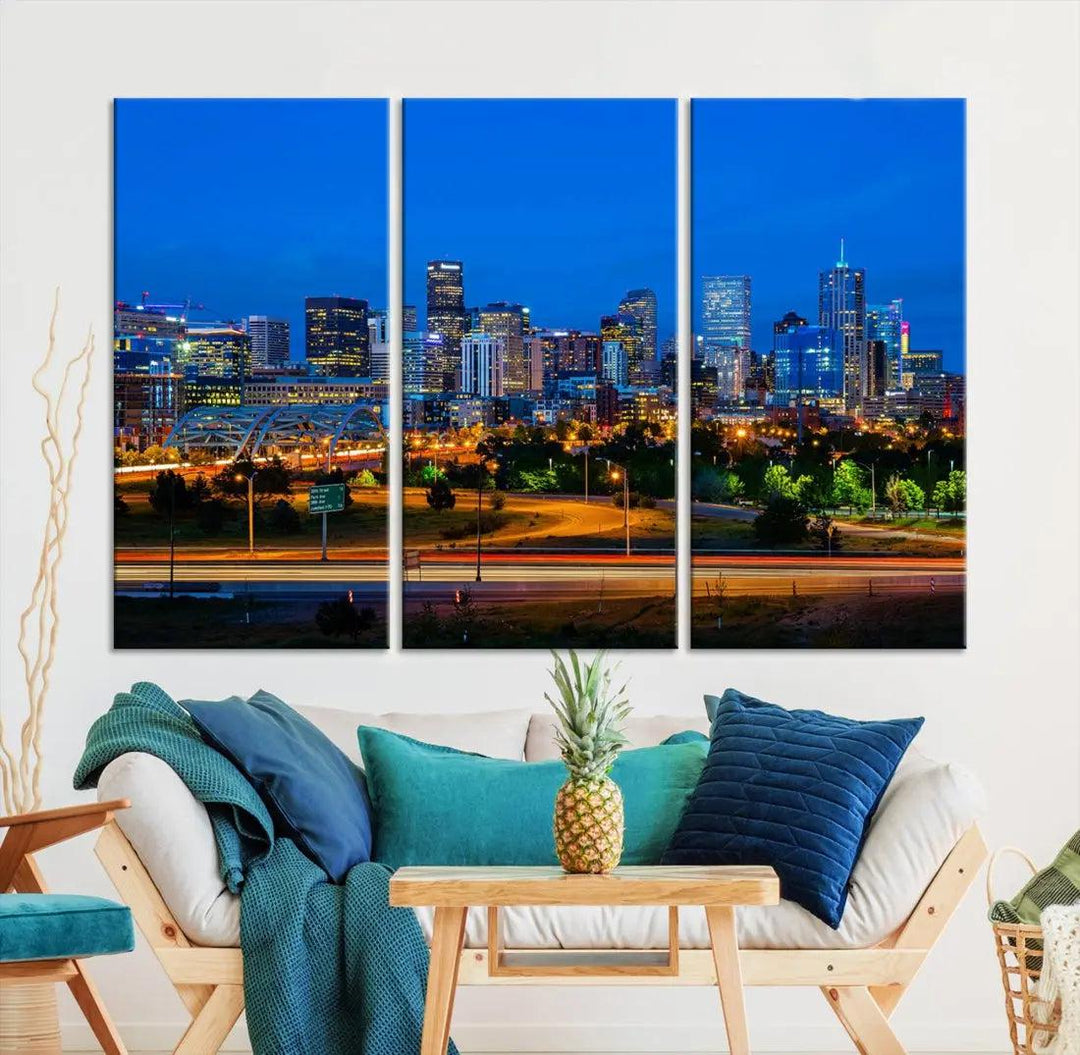 Night Blue Denver Skyline Cityscape View Large Wall Art Canvas Print