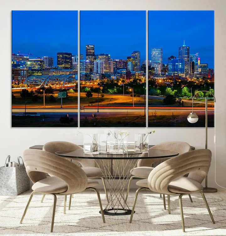 Night Blue Denver Skyline Cityscape View Large Wall Art Canvas Print