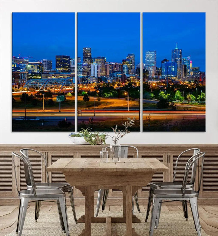 Night Blue Denver Skyline Cityscape View Large Wall Art Canvas Print