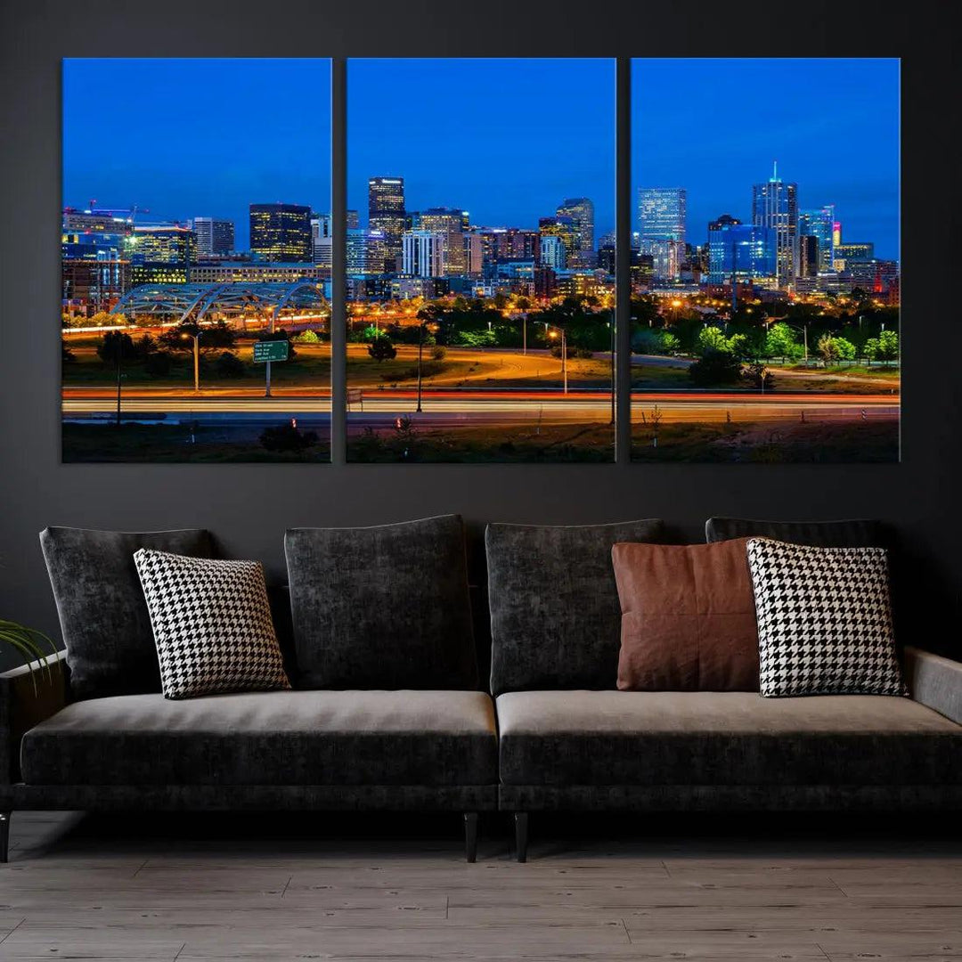 Night Blue Denver Skyline Cityscape View Large Wall Art Canvas Print