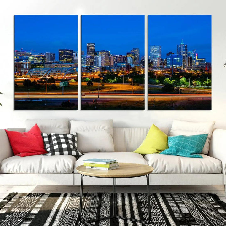 Night Blue Denver Skyline Cityscape View Large Wall Art Canvas Print