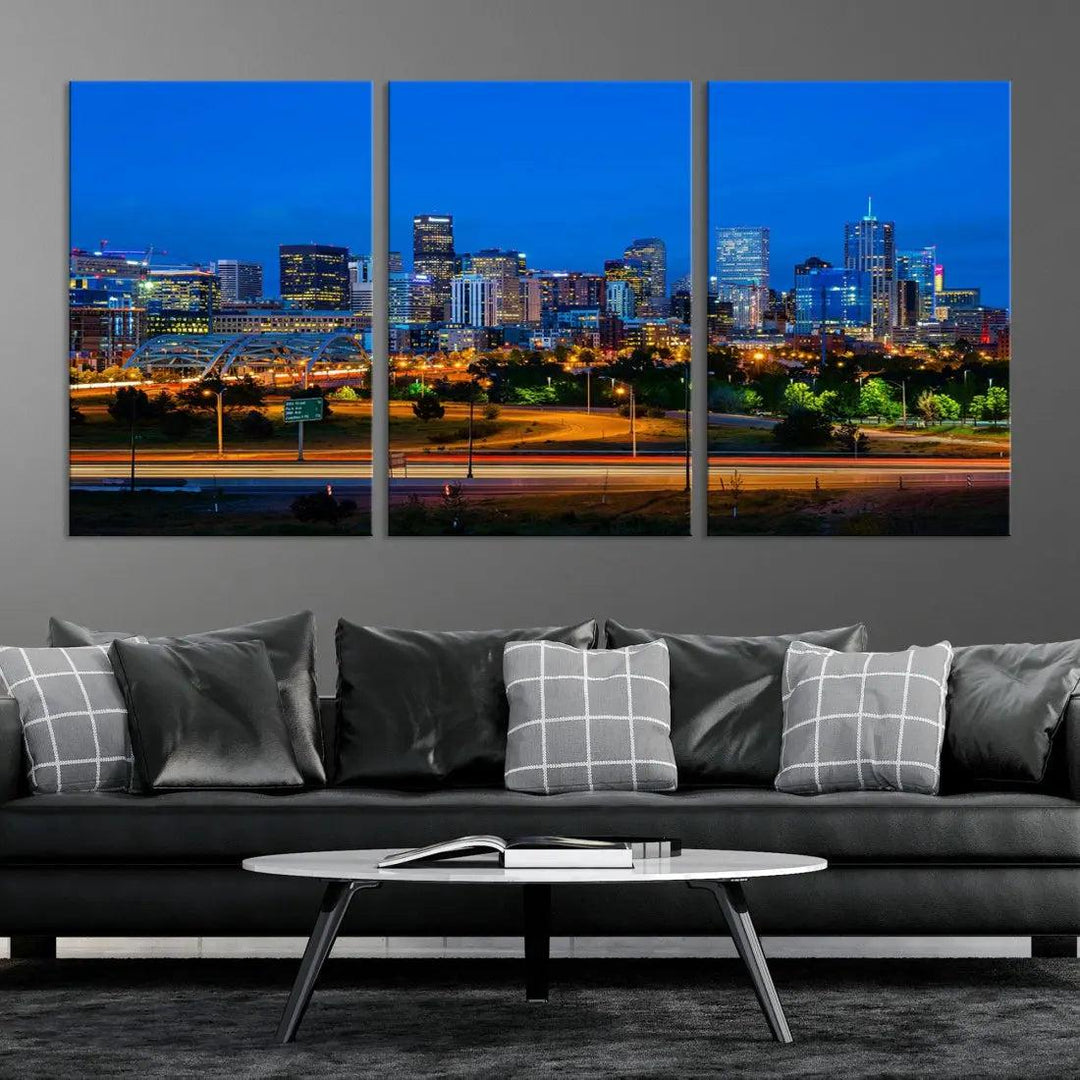 Night Blue Denver Skyline Cityscape View Large Wall Art Canvas Print