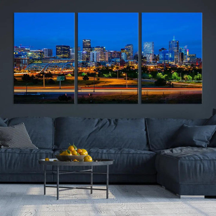 Night Blue Denver Skyline Cityscape View Large Wall Art Canvas Print